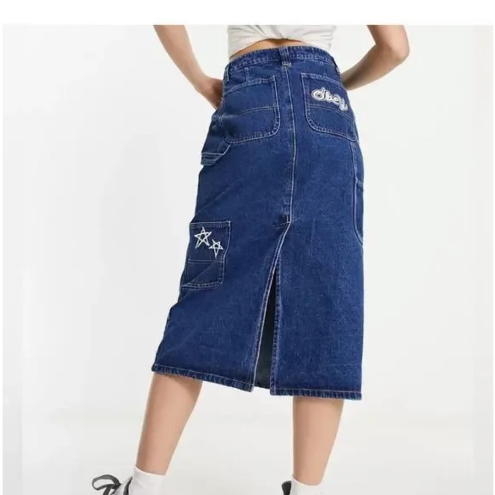 OBEY Juniper Embroidered Denim‎ Midi Skirt Back Slit Embroidered Size 26